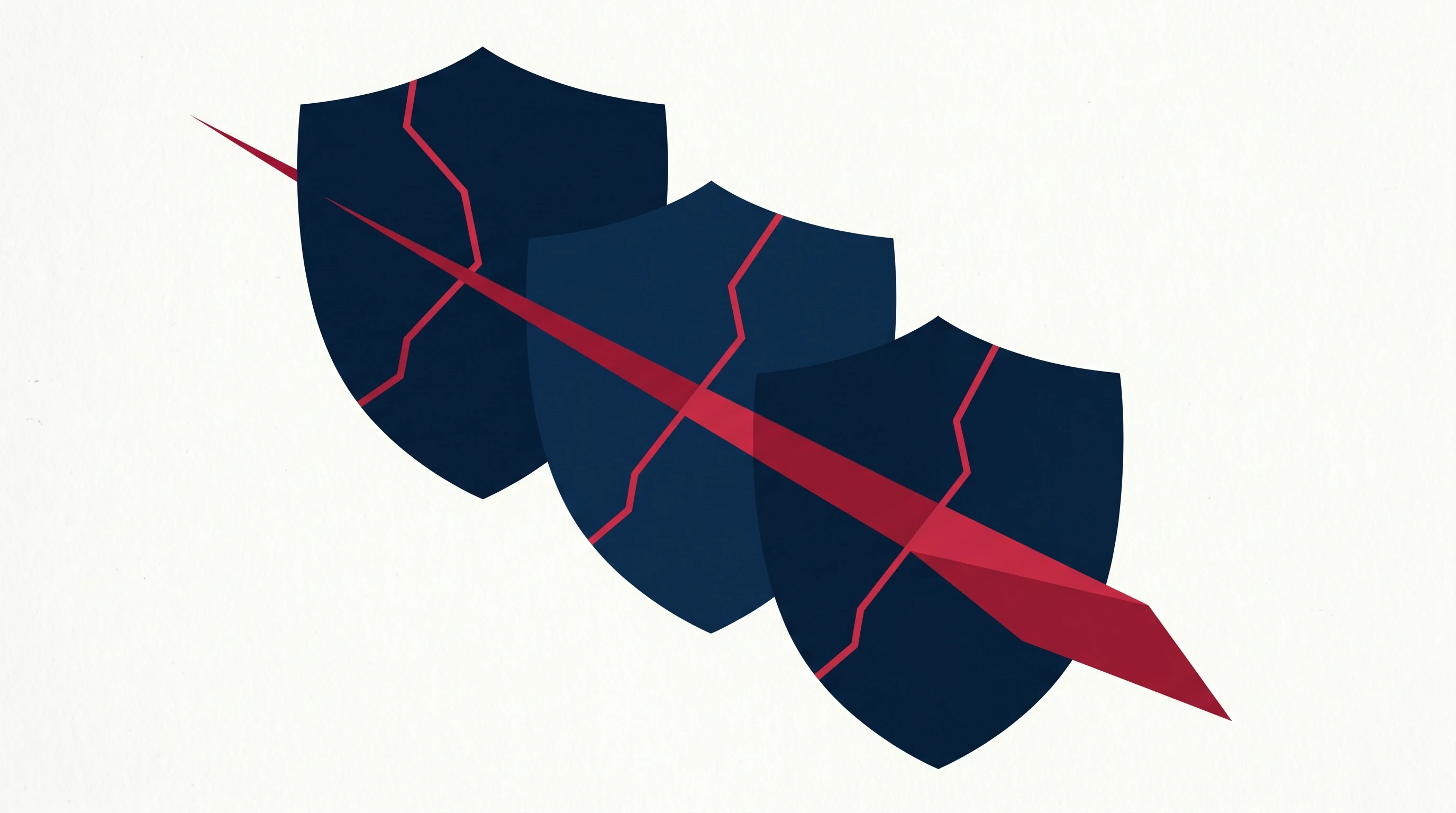 Three security shields with aligned fractures allowing a single attack vector to pass through all simultaneously, illustrating the compound nature of the triple exposure