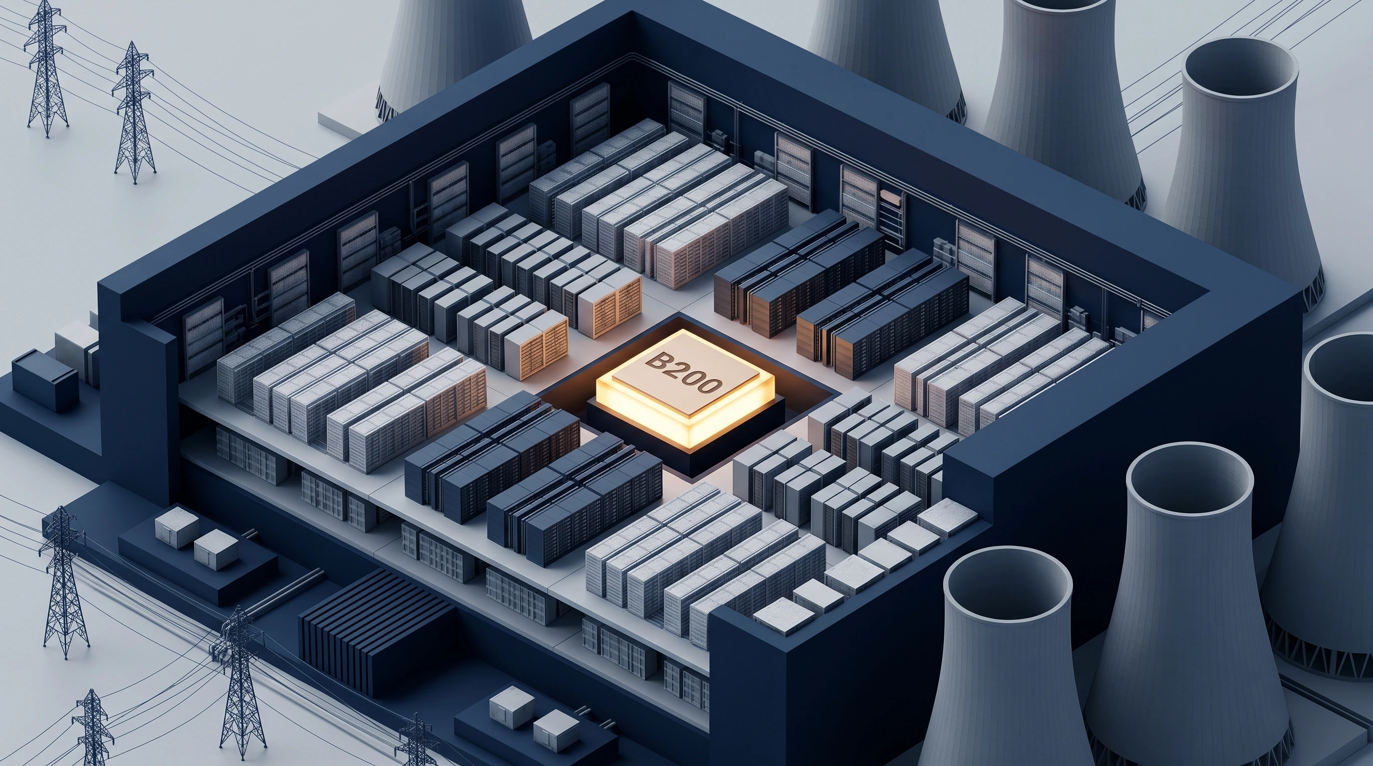Isometric data center cross-section showing compute cost divergence — a single Blackwell GPU element glows brighter than surrounding standard infrastructure