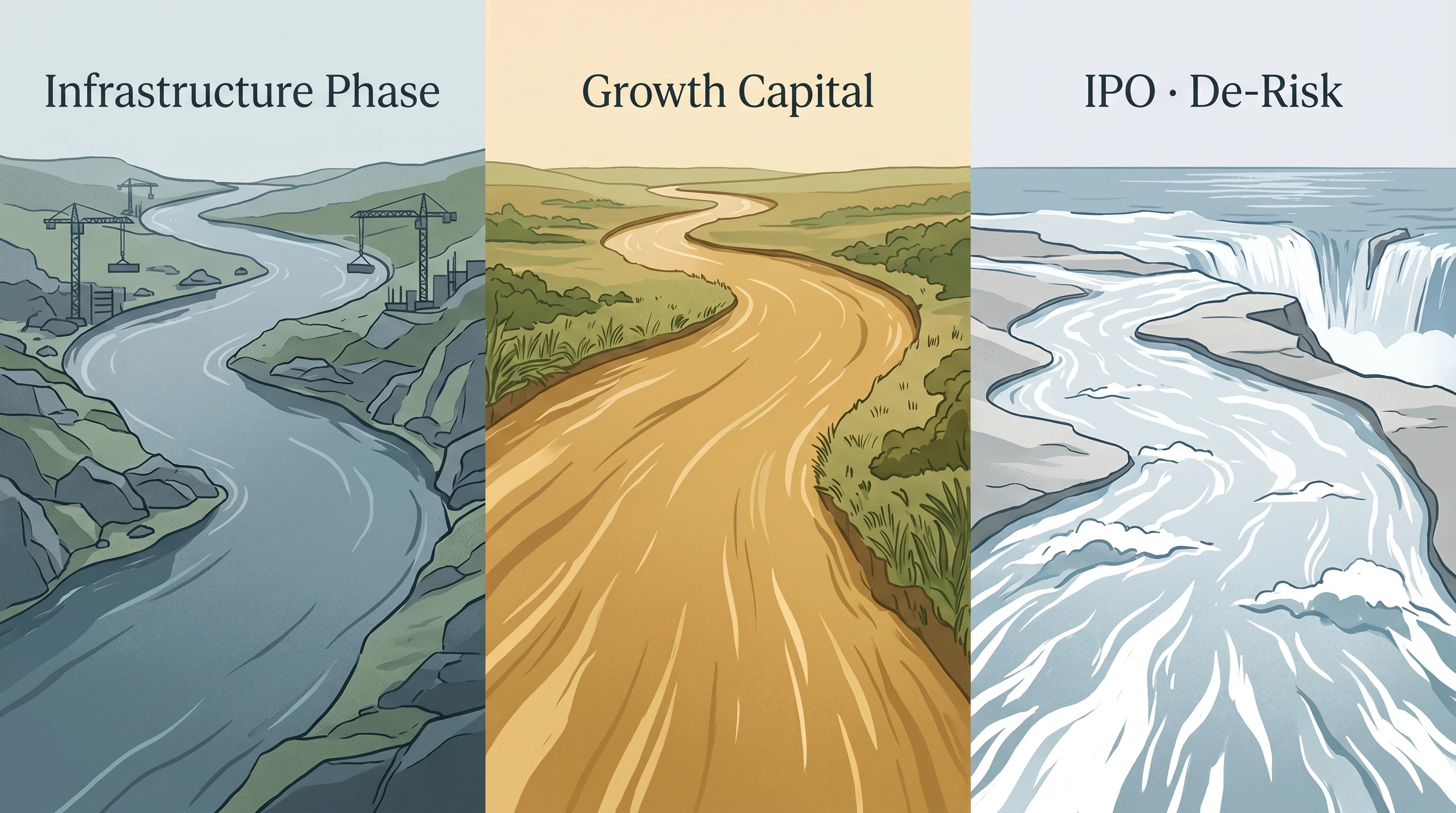 Three capital cycle phases illustrated as river channels: Infrastructure Phase (early-cycle), Growth Capital (mid-cycle), and IPO and De-Risk (late-cycle) converging at the horizon