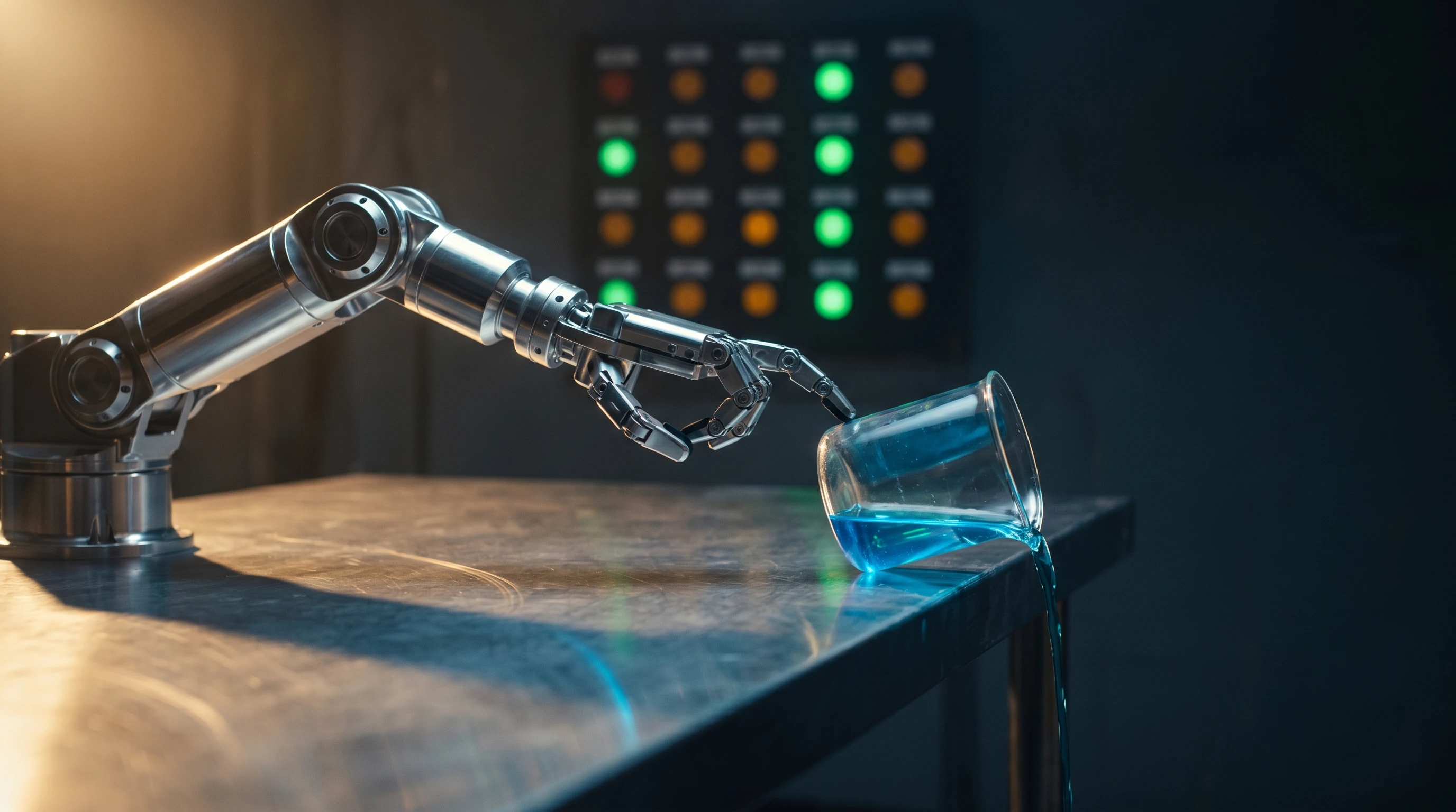 A chrome robotic arm reaching toward an overturned blue-liquid beaker on a brushed steel bench, with a wall-mounted status grid showing twelve of sixteen indicator lights gone amber or dark