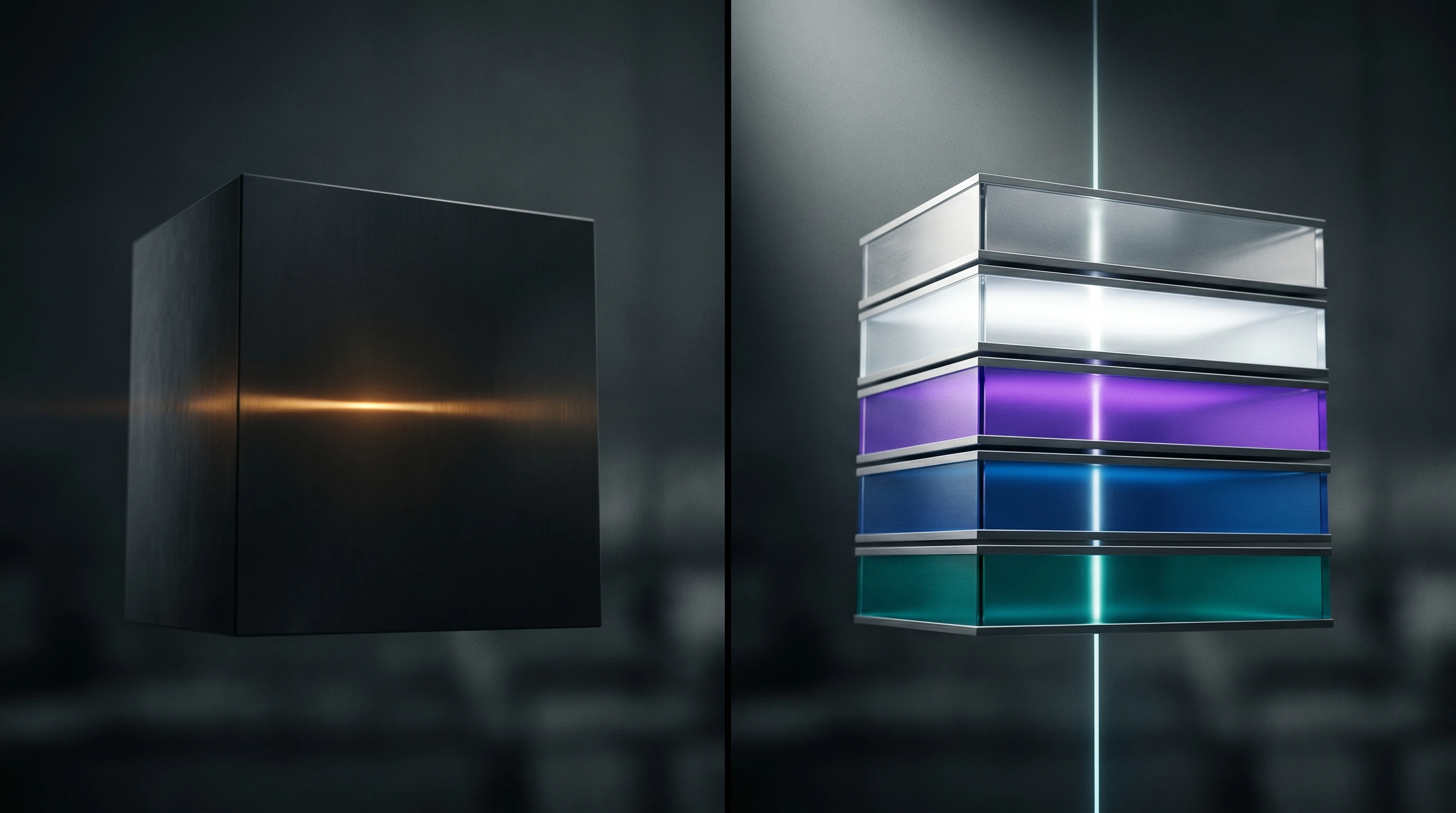 Split-panel showing old monolithic agent architecture versus new stratified five-layer infrastructure stack