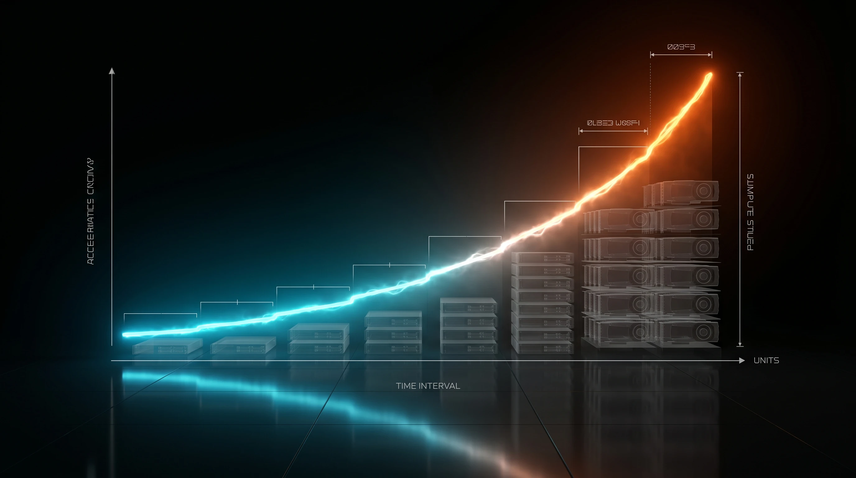 Exponential capability curve rising over a floor of server infrastructure — visualizing the 4.5-month AI cyber capability doubling rate identified by the UK AI Security Institute